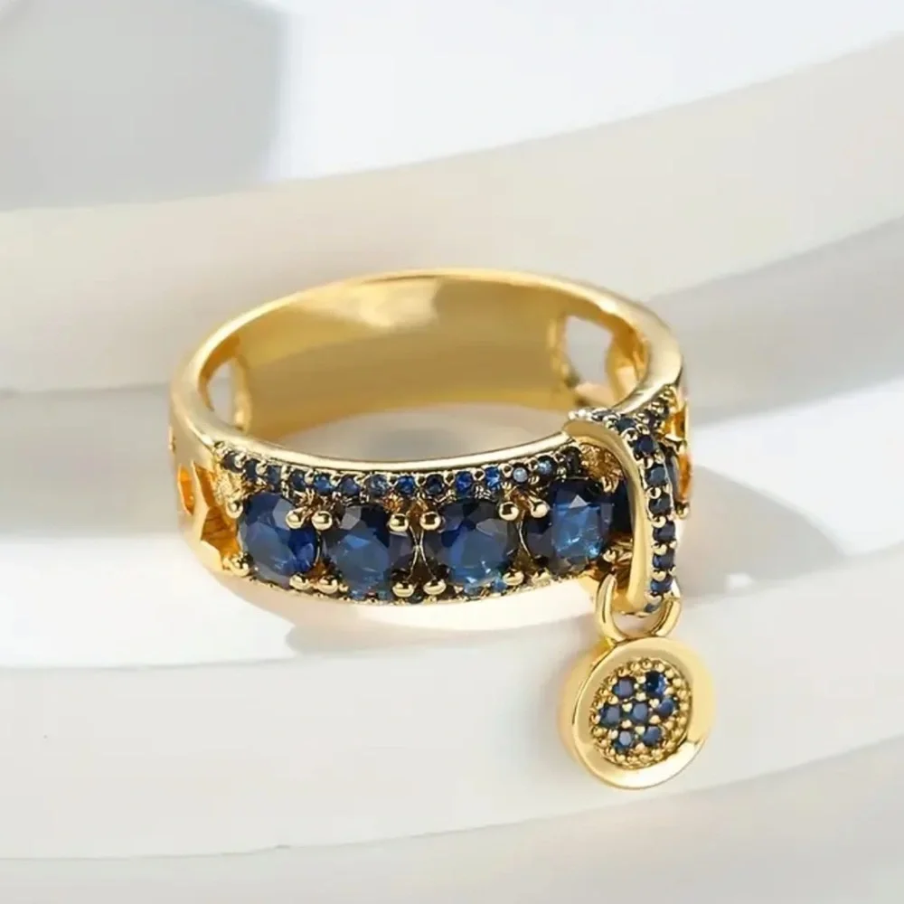 Trendy 18K Gold Plated Blue Sapphire Charm Ring Elegant Statement Band